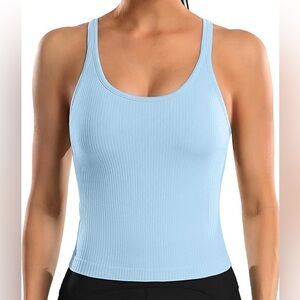 Light Blue Ribbed workout tank with Built in Bra